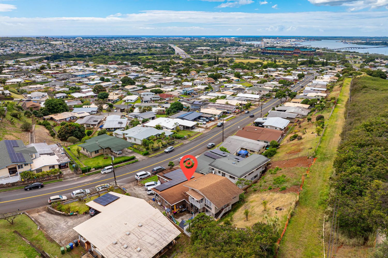 Aerial of an Oahu neighborhood with ocean views